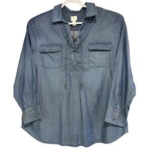 Chico's Tie Front Top Boho Western Peasant Pocket Casual Blue Chambray SZ 3 (XL)